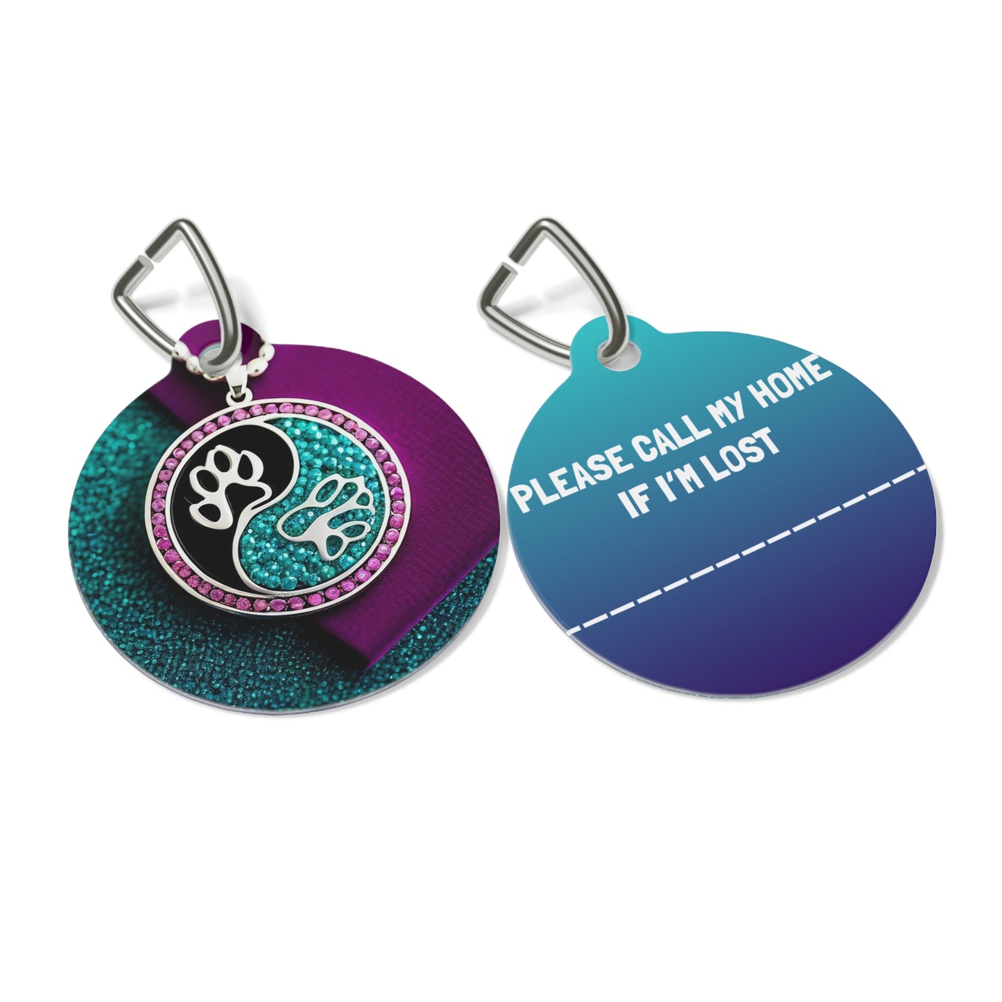 Pet tag Jinxydog yin yang paw bling silver turquoise