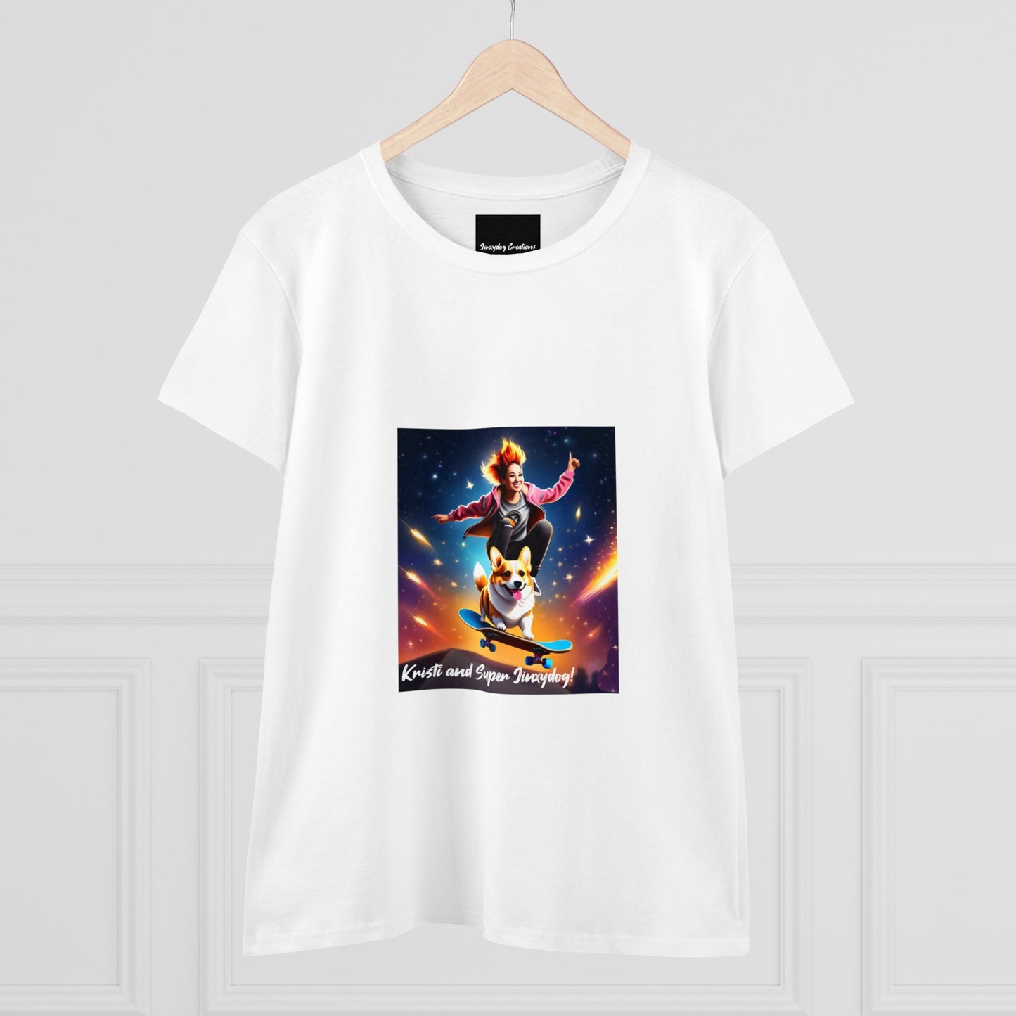 Skater girl Kristi Lou and Super Jinxydog, Women's Midweight Cotton Tee