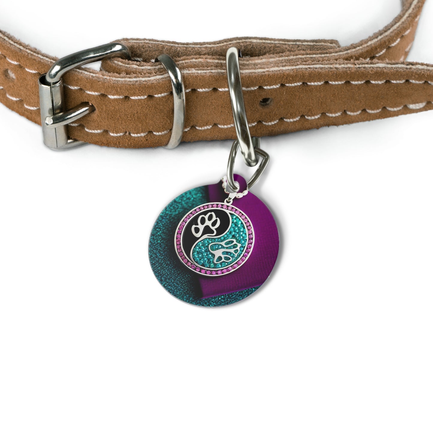 Pet tag Jinxydog yin yang paw bling silver turquoise