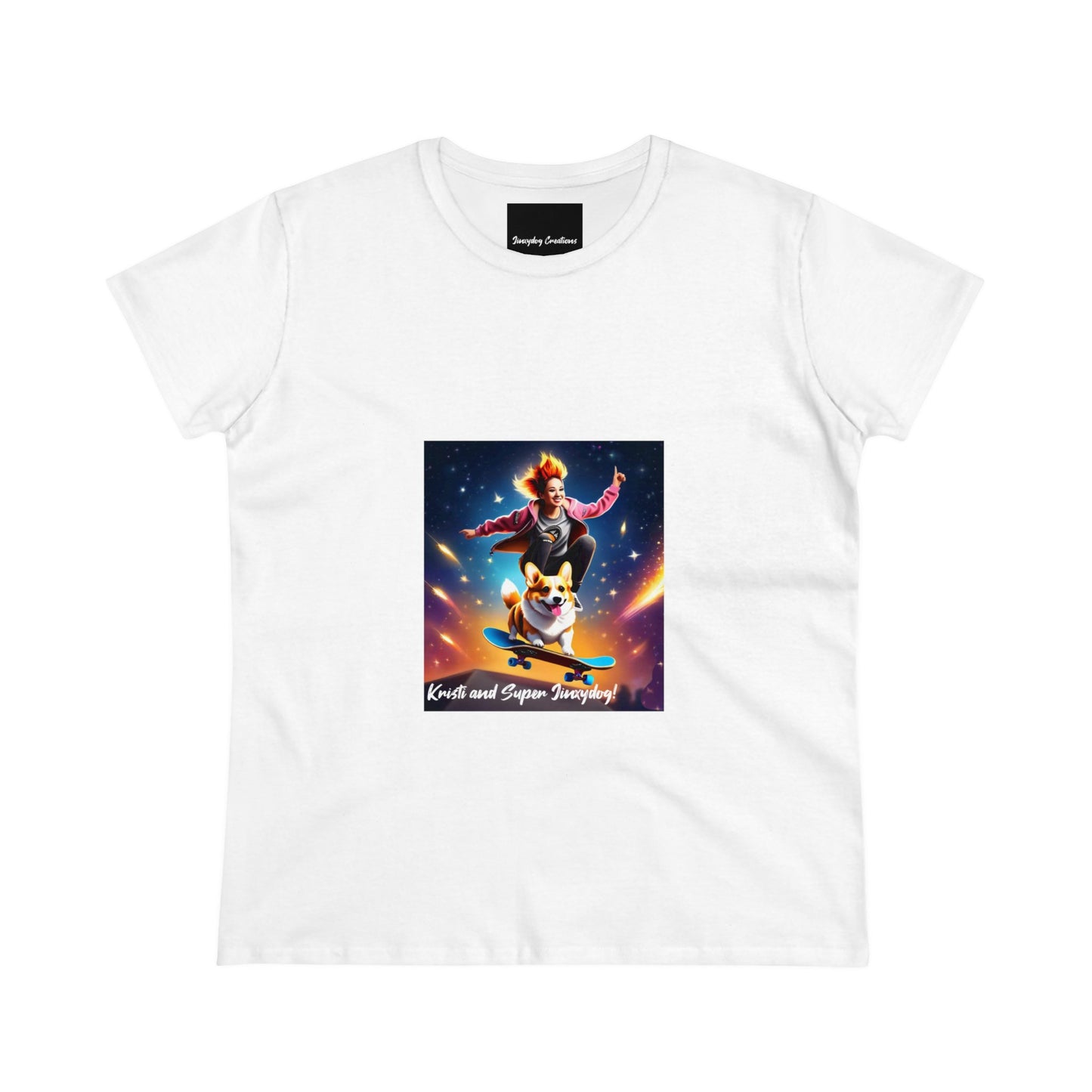Skater girl Kristi Lou and Super Jinxydog, Women's Midweight Cotton Tee