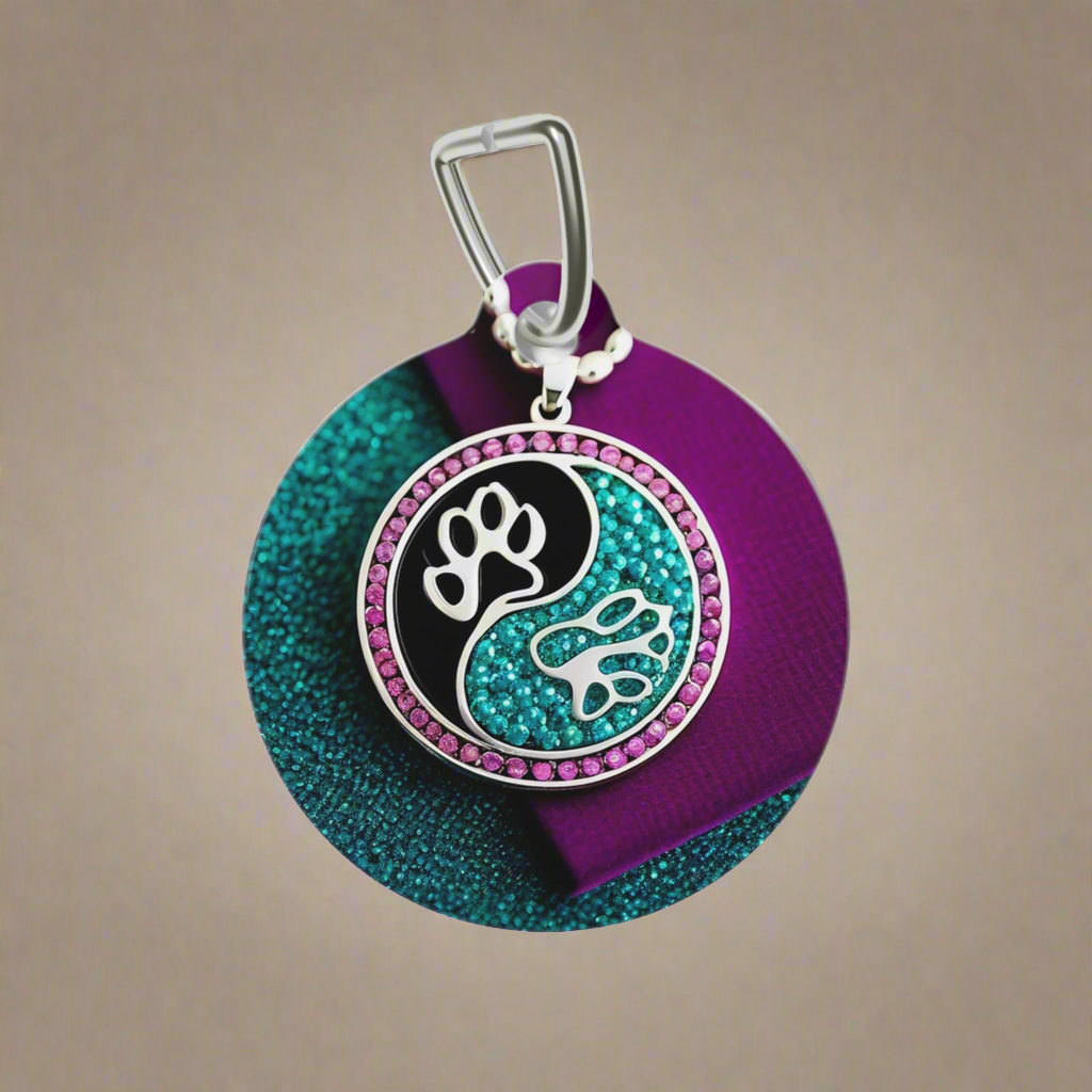 Pet tag Jinxydog yin yang paw bling silver turquoise
