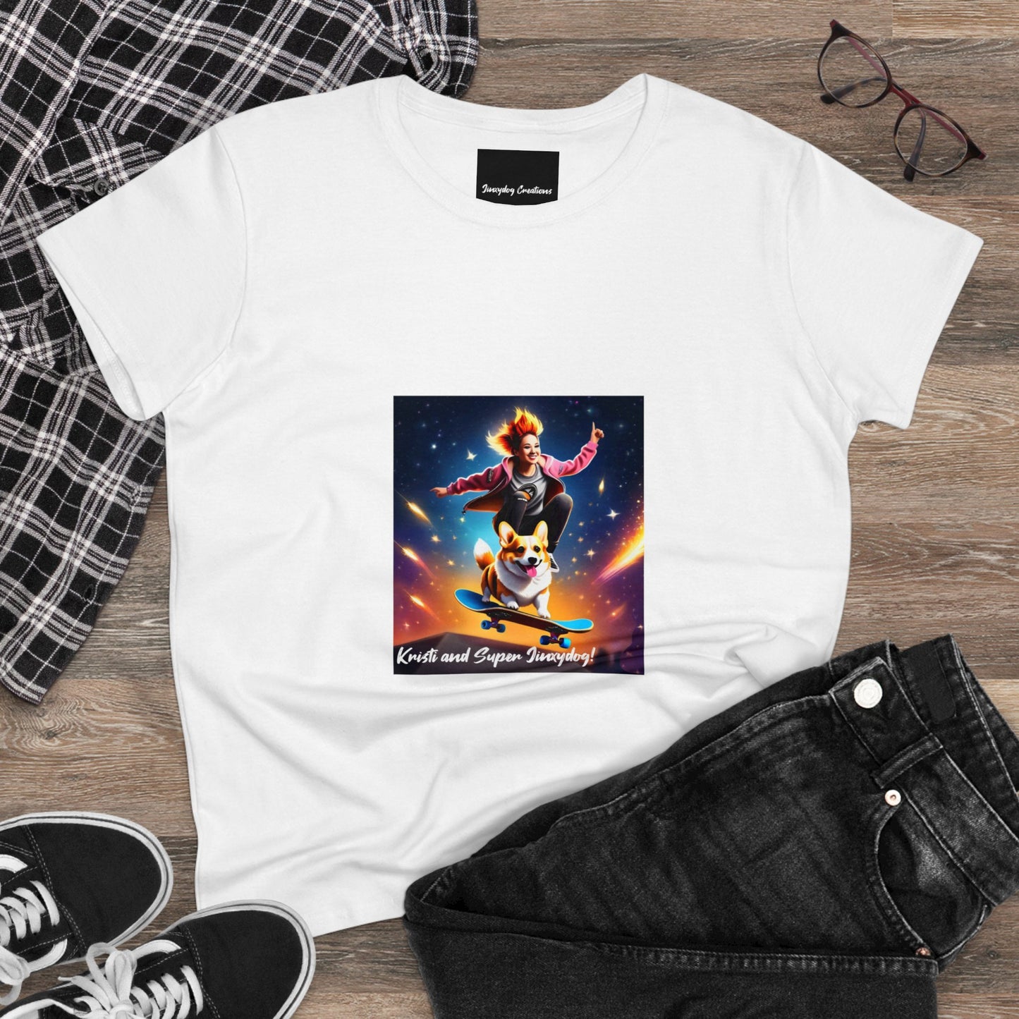 Skater girl Kristi Lou and Super Jinxydog, Women's Midweight Cotton Tee