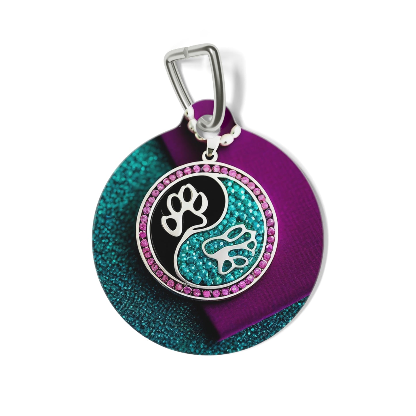 Pet tag Jinxydog yin yang paw bling silver turquoise
