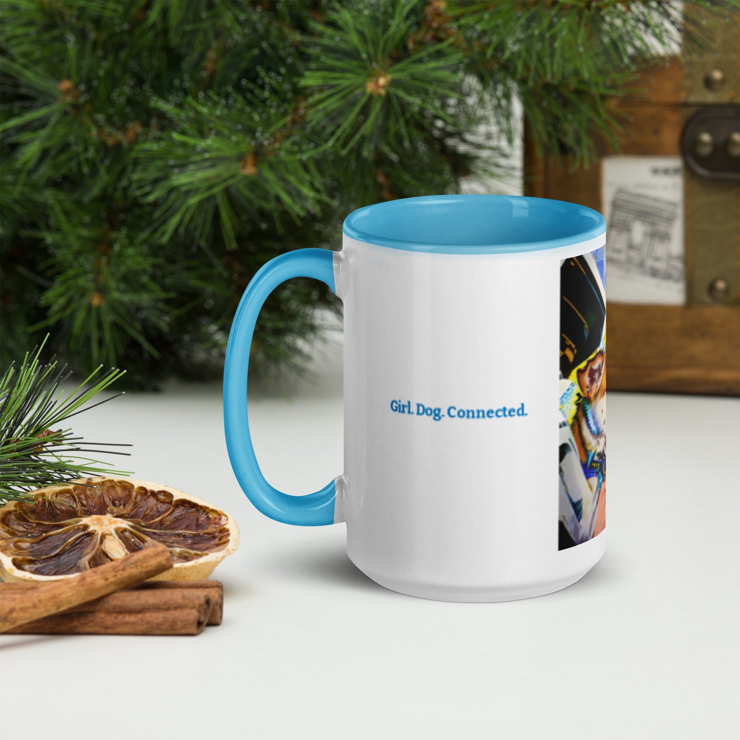 Mug with teal blue Color Inside -Girl. Dog. Connected.